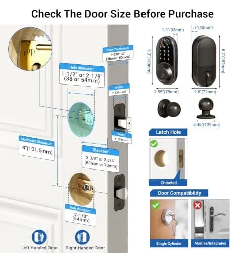 Veise RZ06C Smart Lock Electronic Deadbolt 2 Knobs Handle Set, Matte Black | Keyless Entry & App Control thumbnail 6