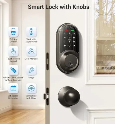 Veise RZ06C Smart Lock Electronic Deadbolt 2 Knobs Handle Set, Matte Black | Keyless Entry & App Control thumbnail 3