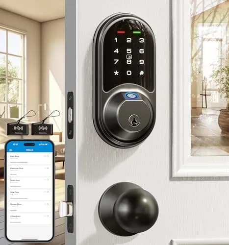 Veise RZ07C Fingerprint Smart Lock Deadbolt 2 Knobs Set, Matte Black | Keyless Biometric Home Security thumbnail 1