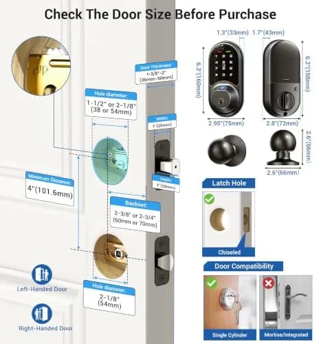 Veise RZ07C Fingerprint Smart Lock Deadbolt 2 Knobs Set, Matte Black | Keyless Biometric Home Security thumbnail 6