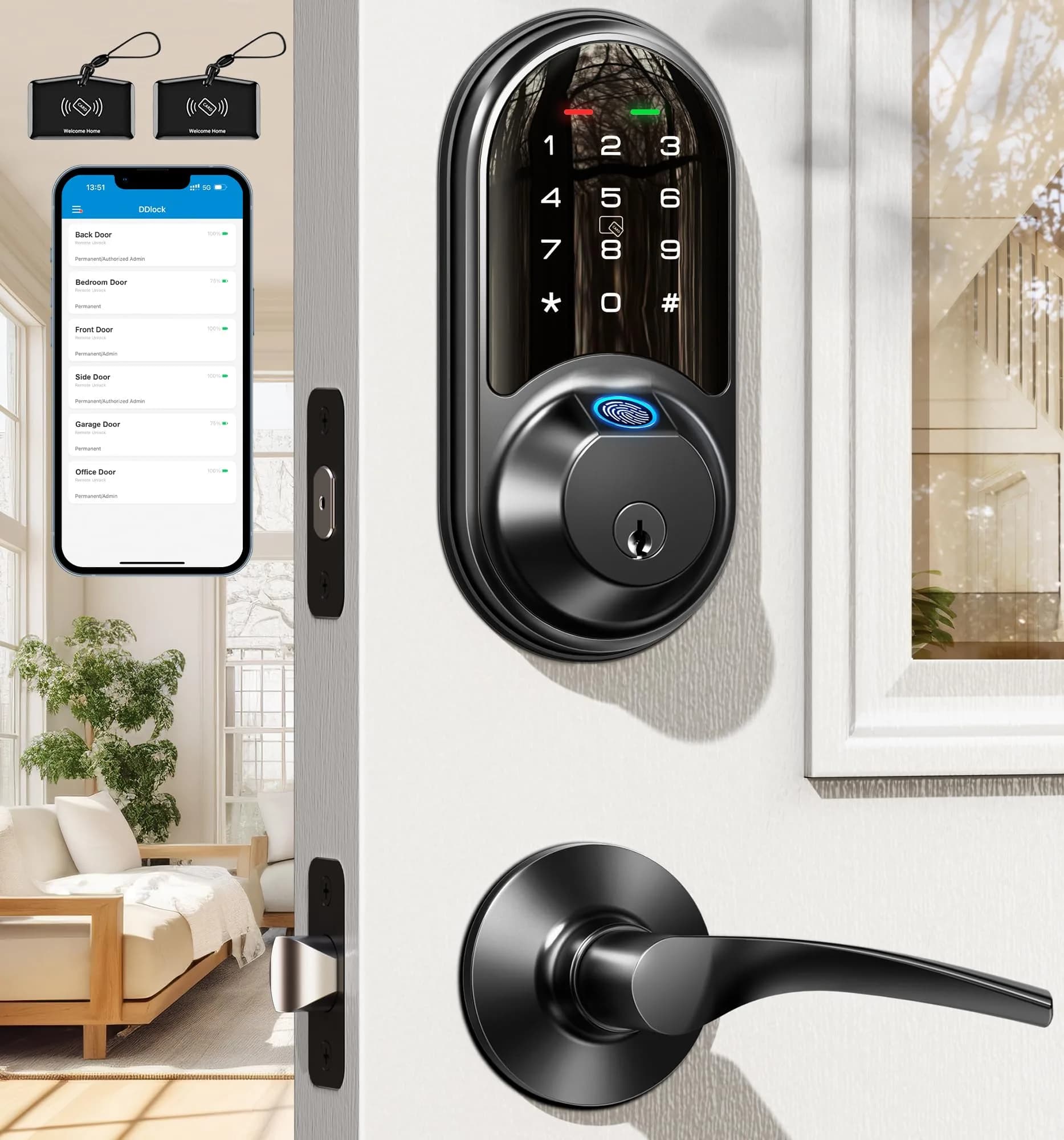 Veise RZ07B Fingerprint Smart Lock with 2 Lever Handle Set, Matte Black | Keyless Entry & App Control - main product image