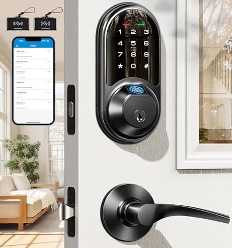 Veise RZ07B Fingerprint Smart Lock with 2 Lever Handle Set, Matte Black | Keyless Entry & App Control thumbnail 1