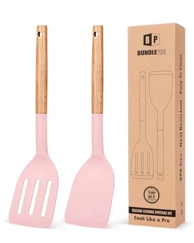 BUNDLEPRO Silicone Spatula Set with Slotted Turner & Wooden Handle | 2 Pack Pink thumbnail 1