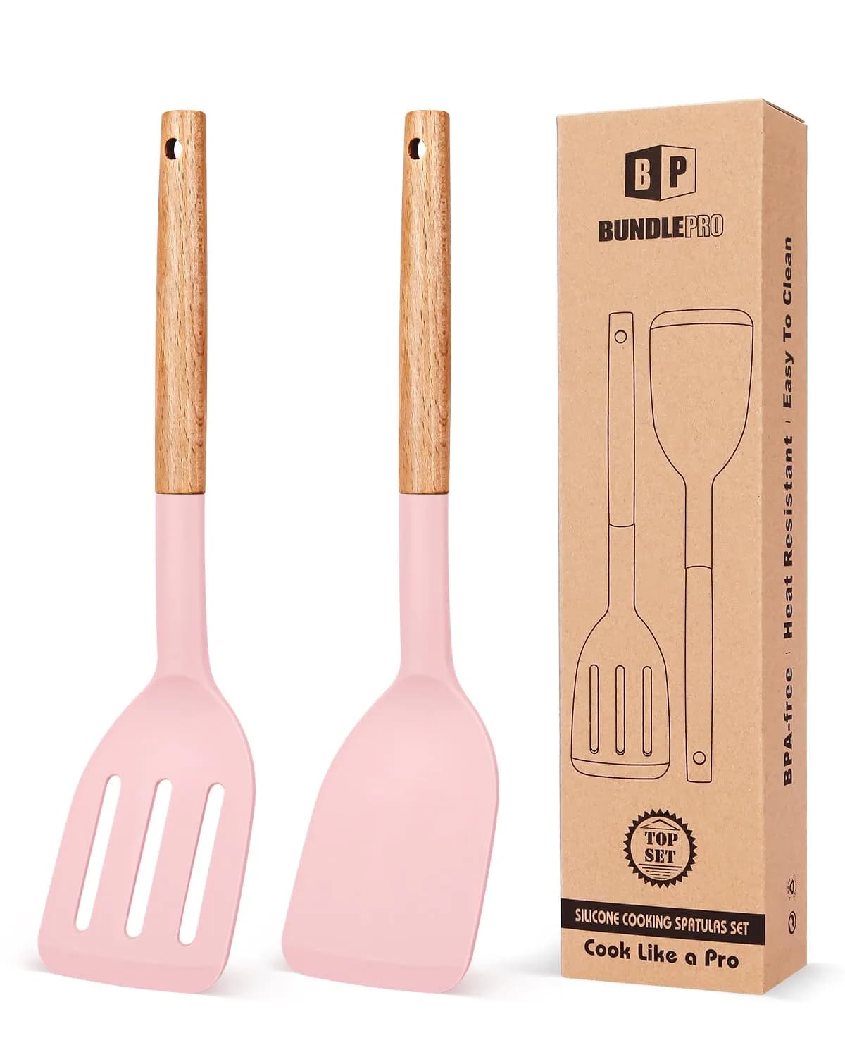 BUNDLEPRO Silicone Spatula & Slotted Turner Set, 2 Pack, Black | Heat Resistant to 230°C — Pink