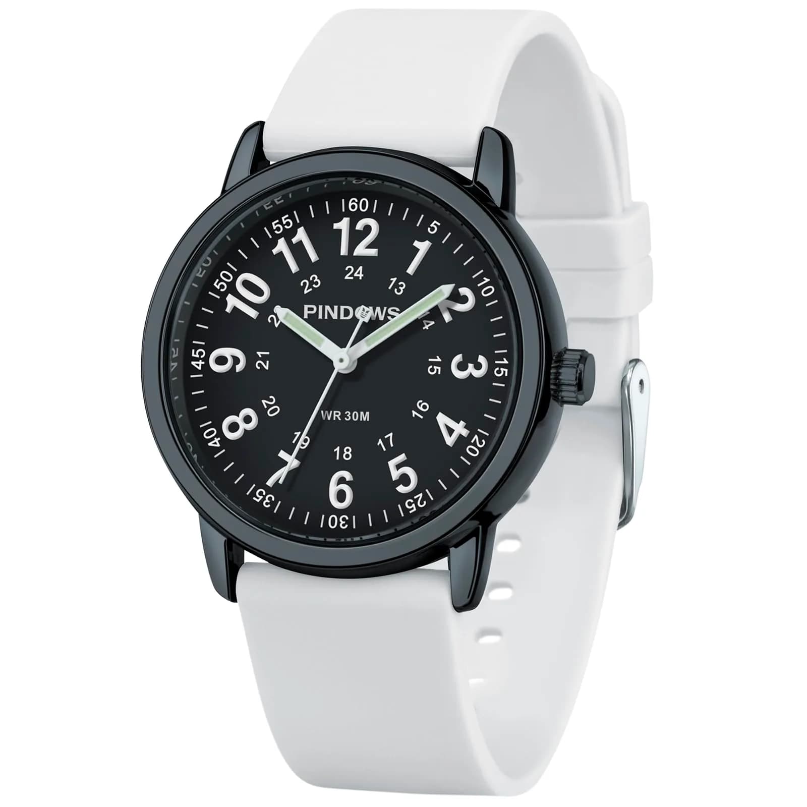 PINDOWS Women's Nurse Watch 34mm Green Silicone | Luminous Dial, 12/24 Hour Display — White, Schwarz