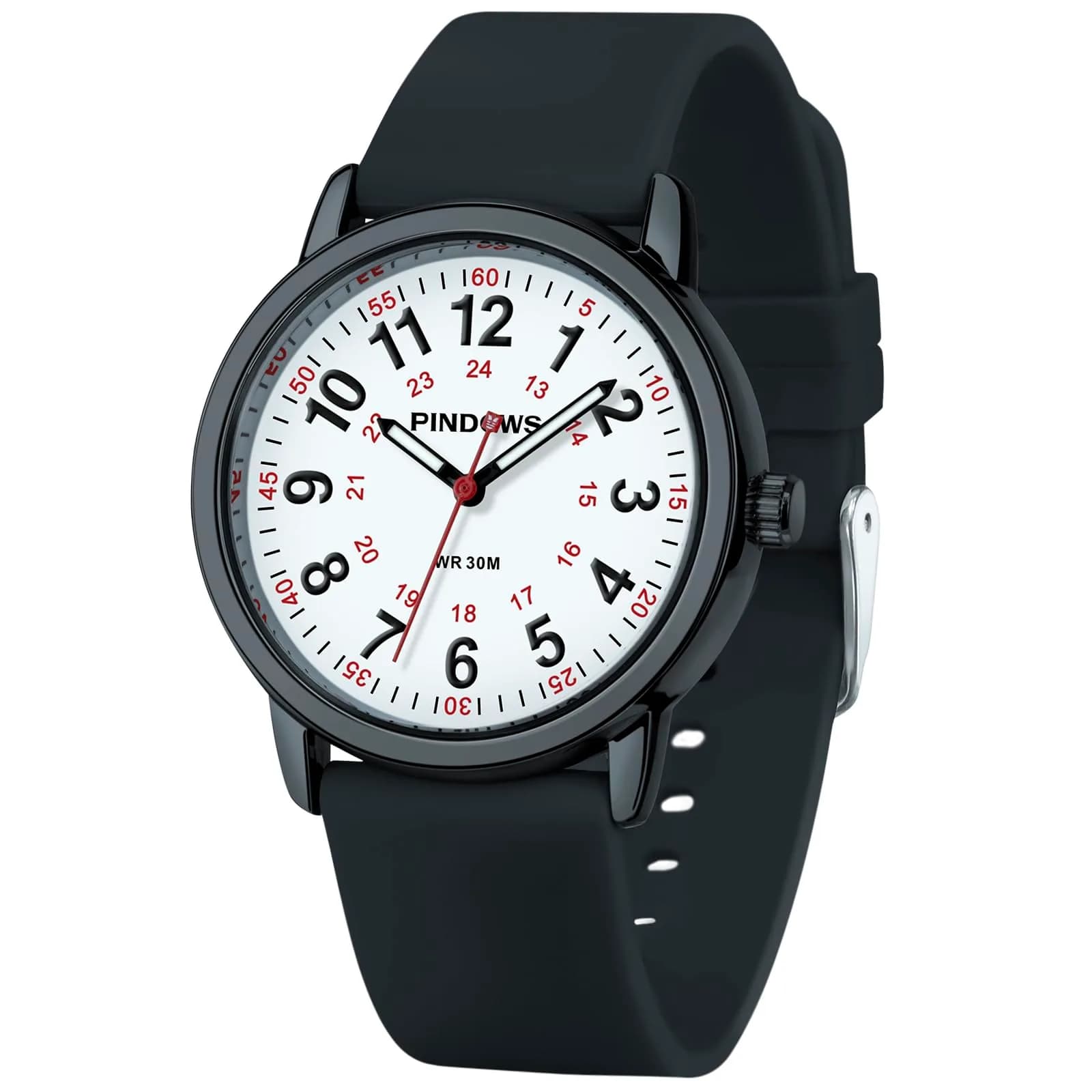 PINDOWS Women's Nurse Watch 34mm Green Silicone | Luminous Dial, 12/24 Hour Display — Black