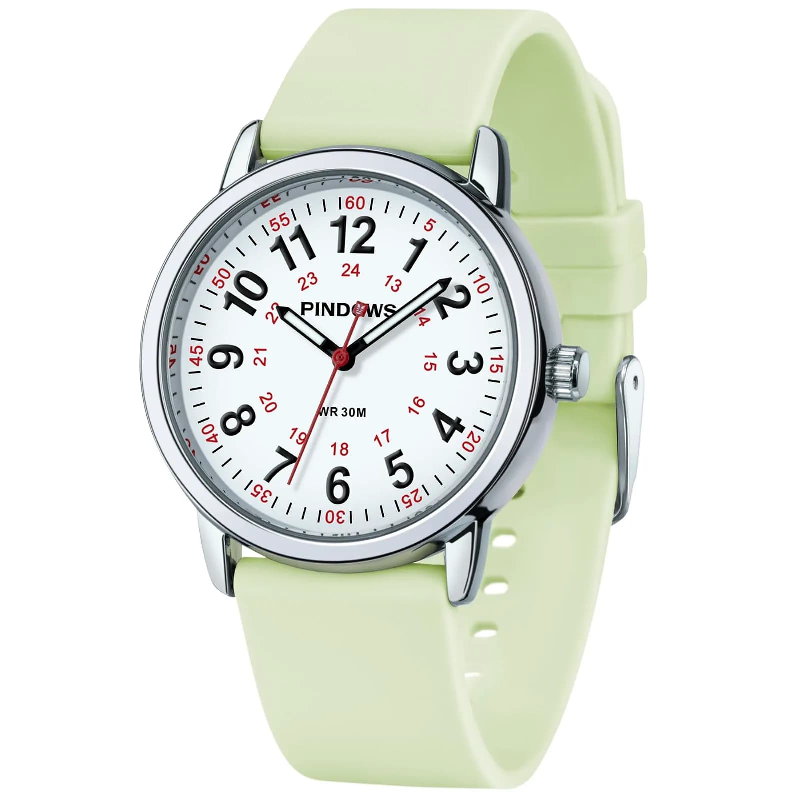 PINDOWS Women's Nurse Watch 34mm Green Silicone | Luminous Dial, 12/24 Hour Display — Grün Silber