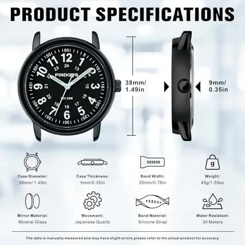 PINDOWS Women's Nurse Watch 34mm Green Silicone | Luminous Dial, 12/24 Hour Display thumbnail 5