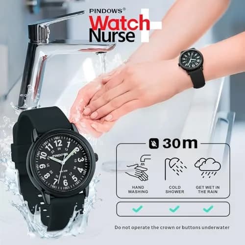 PINDOWS Women's Nurse Watch 34mm Green Silicone | Luminous Dial, 12/24 Hour Display thumbnail 3
