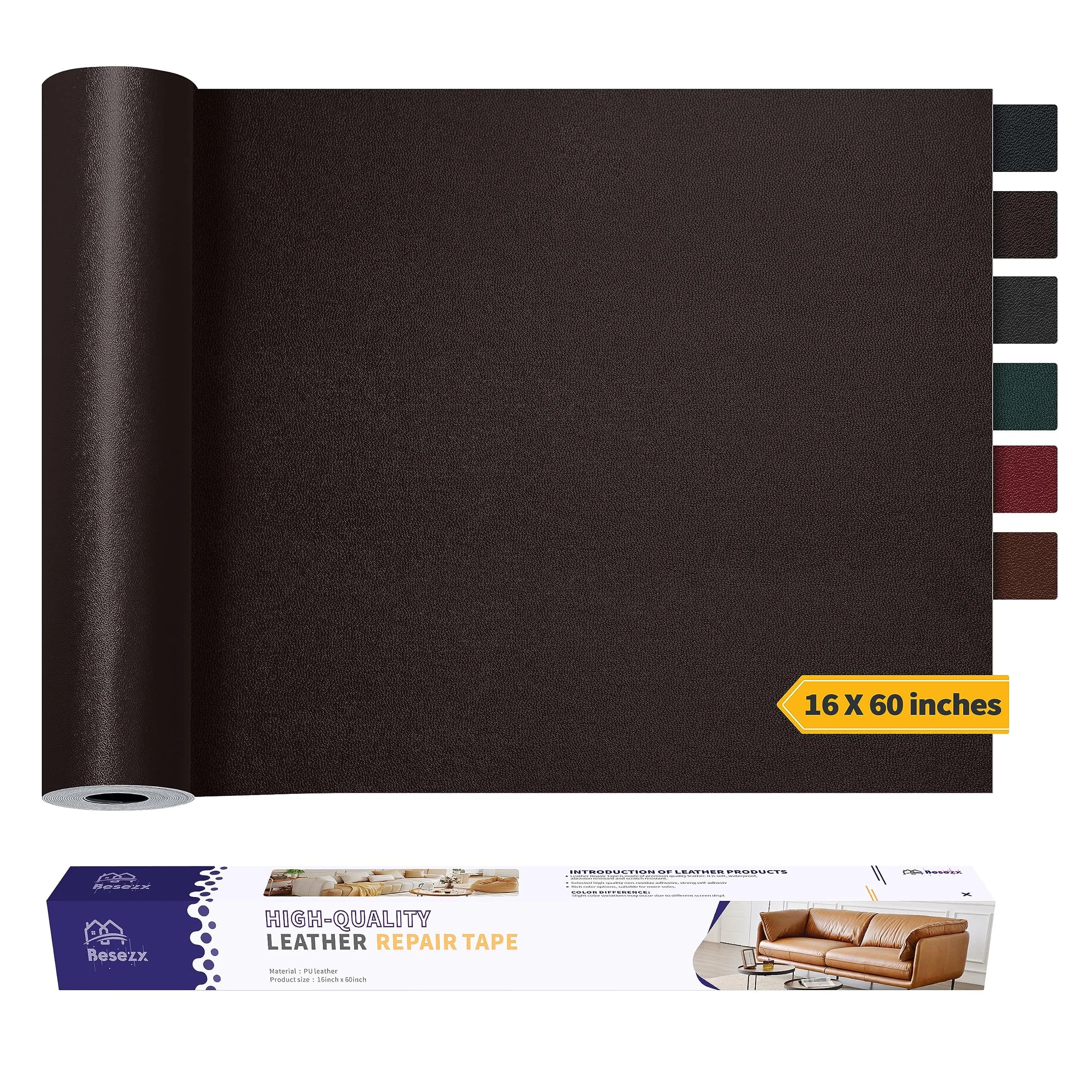 Besezx Leather Repair Patch Tape Kit 156 cm x 40 cm (60" x 16") | Self-Adhesive for Furniture, Car Seats, Vinyl — Dark Brown