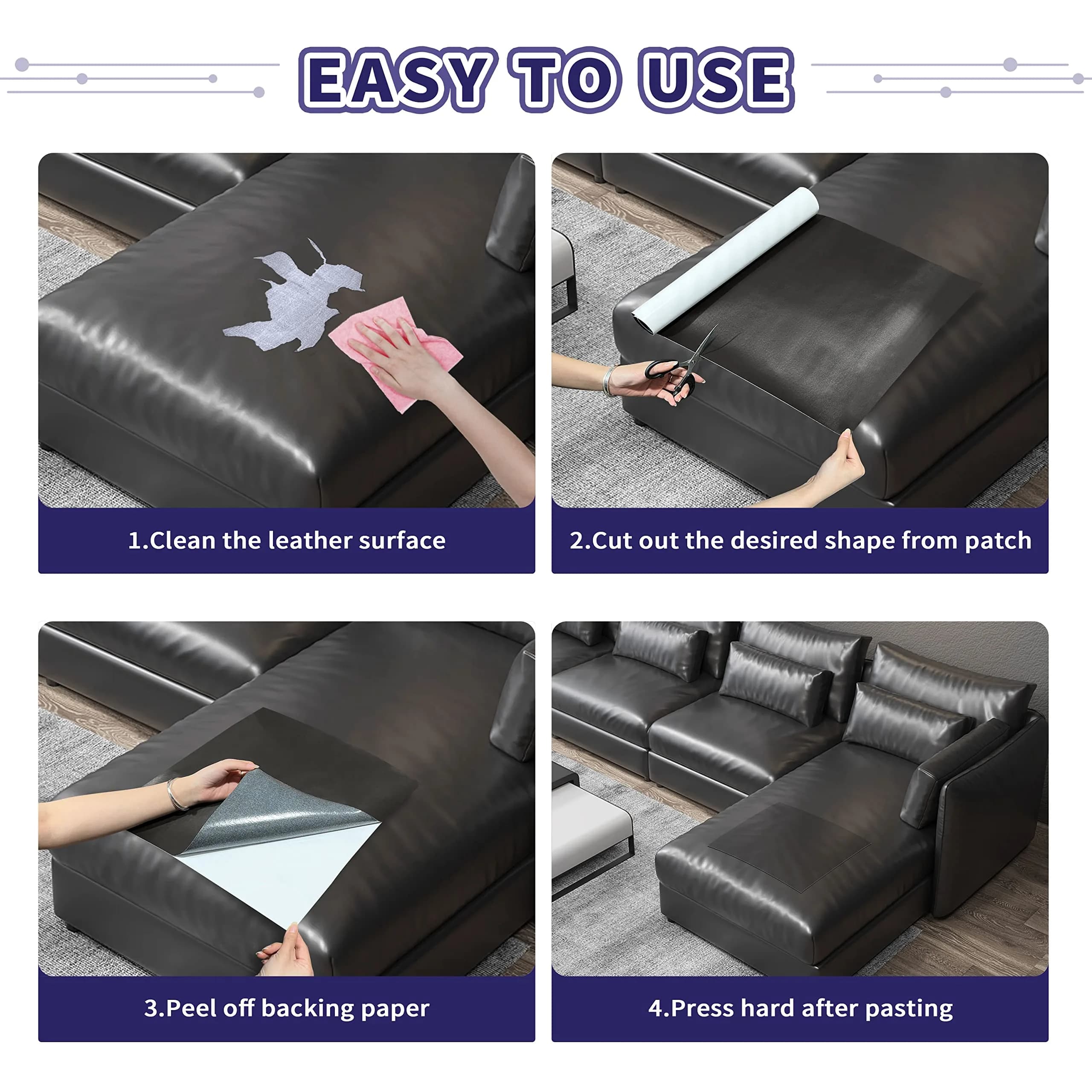 Besezx Leather Repair Patch Tape Kit Black 60in x 16in | Self-Adhesive Vinyl Upholstery Repair thumbnail 4