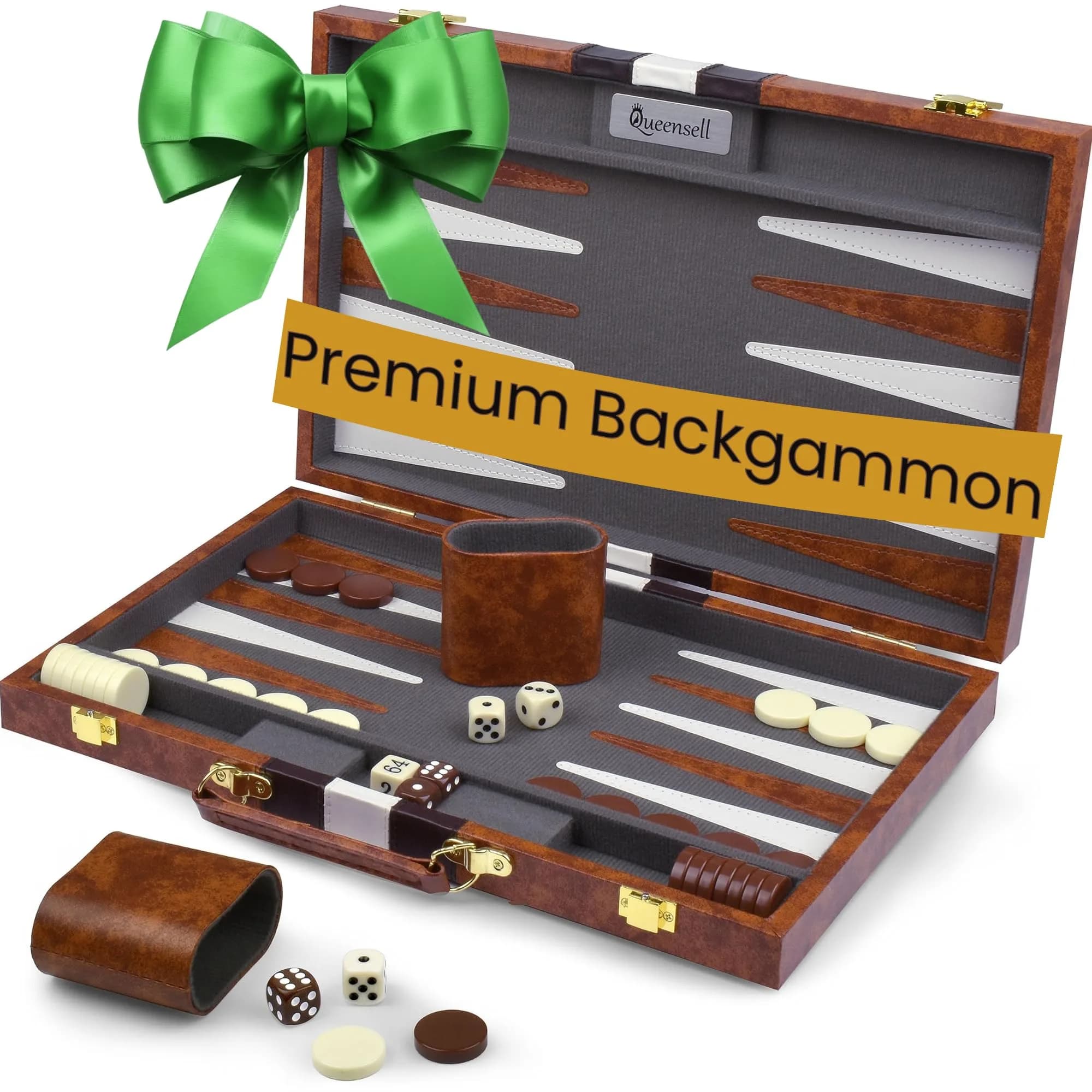 Queensell 15 Inch Folding Backgammon Board Set with PU Leather Case & Felt Surface | Classic Strategy Game for 2 Players - main product image