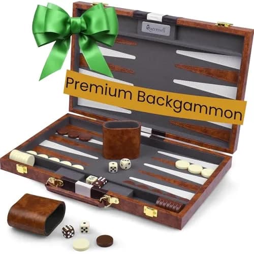 Queensell 15 Inch Folding Backgammon Board Set with PU Leather Case & Felt Surface | Classic Strategy Game for 2 Players thumbnail 1