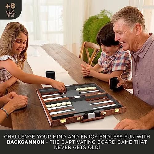 Queensell 15 Inch Folding Backgammon Board Set with PU Leather Case & Felt Surface | Classic Strategy Game for 2 Players thumbnail 8