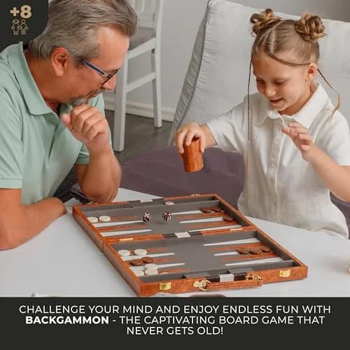 Queensell 15 Inch Folding Backgammon Board Set with PU Leather Case & Felt Surface | Classic Strategy Game for 2 Players thumbnail 9