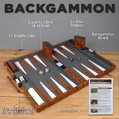 Queensell 15 Inch Folding Backgammon Board Set with PU Leather Case & Felt Surface | Classic Strategy Game for 2 Players thumbnail 3