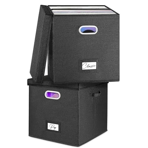 Woodoulogy Vinyl Record Storage Box 12-Inch | Space-Saving, Collapsible, Black Linen (13 inch cube) thumbnail 1