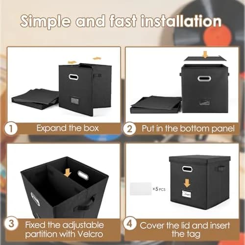 Woodoulogy Vinyl Record Storage Box 12-Inch | Space-Saving, Collapsible, Black Linen (13 inch cube) thumbnail 5