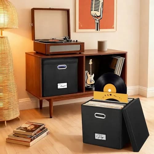 Woodoulogy Vinyl Record Storage Box 12-Inch | Space-Saving, Collapsible, Black Linen (13 inch cube) thumbnail 8