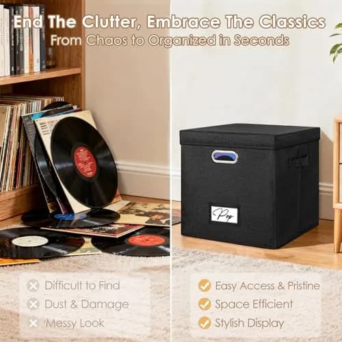 Woodoulogy Vinyl Record Storage Box for 50+ LPs | Space-Saving, Durable Linen Case with Lid thumbnail 6