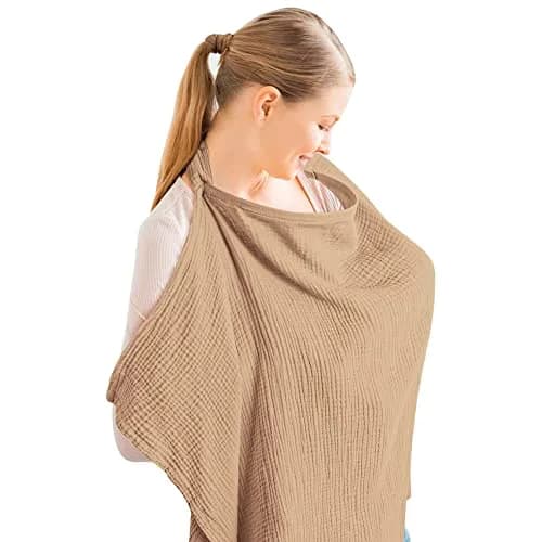 Konssy Muslin Nursing Cover Camel | 100% Cotton Breathable for Breastfeeding with Rigid Hoop & Adjustable Strap thumbnail 1