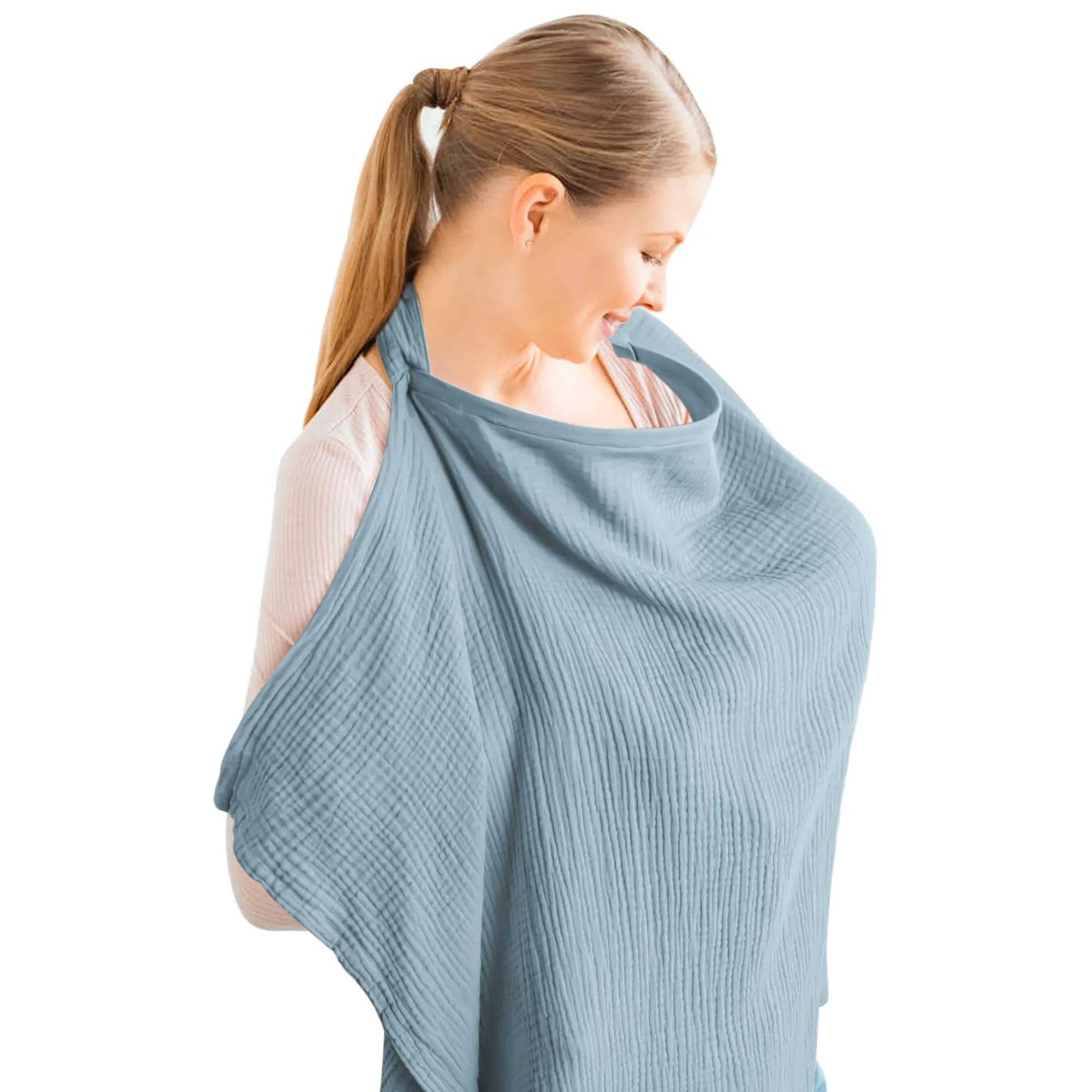 Konssy Muslin Nursing Cover Camel | 100% Cotton Breathable for Breastfeeding with Rigid Hoop & Adjustable Strap — Blue