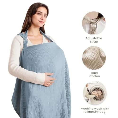 Konssy Muslin Nursing Cover Up for Breastfeeding with Rigid Hoop, 100% Cotton (Blue) | Breathable & Skin-Friendly for New Moms thumbnail 2