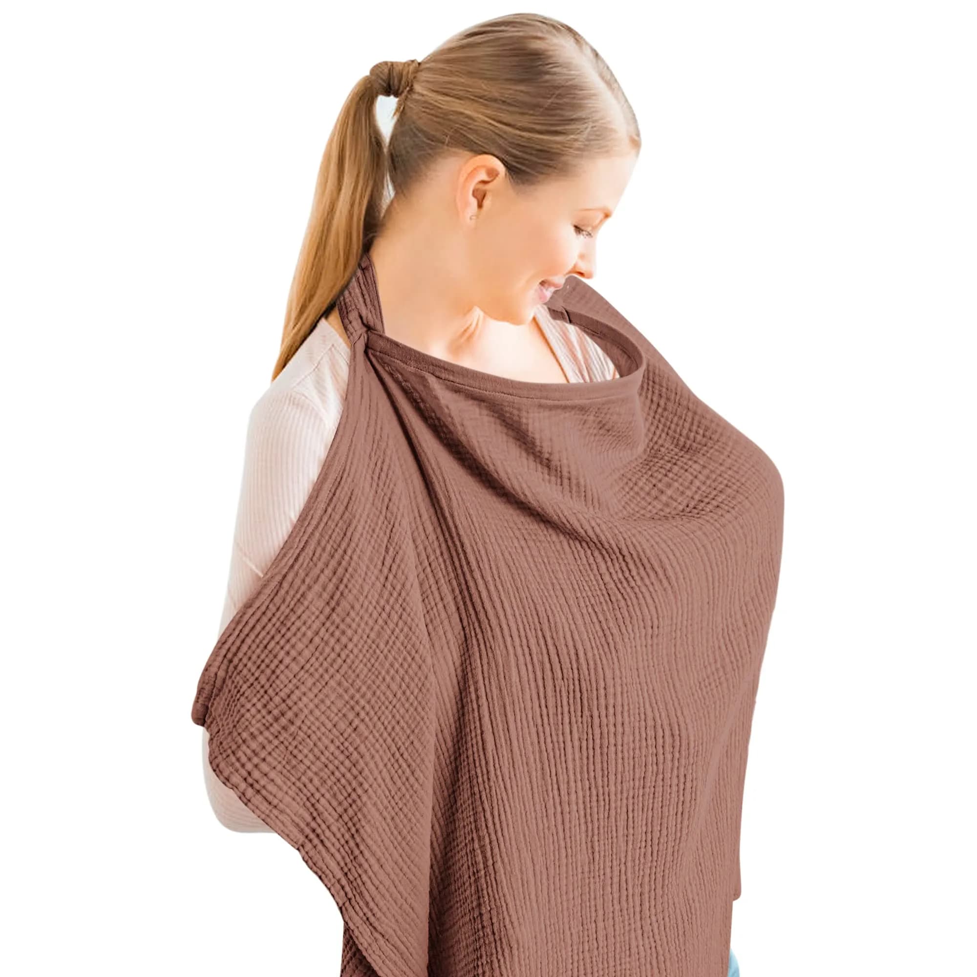 Konssy Muslin Nursing Cover Up for Breastfeeding with Rigid Hoop - Summer Wheat | 100% Cotton, Breathable, Multi-functional — Chestnut