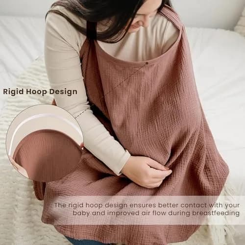 Konssy Muslin Nursing Cover Chestnut | 100% Cotton Breathable with Rigid Hoop for Breastfeeding & Multi-use Carseat Canopy thumbnail 3
