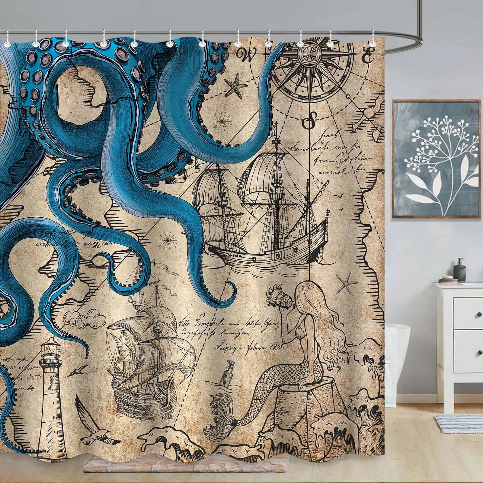 Fungarth Vintage Green Nautical Octopus Shower Curtain 72" x 72" | Waterproof Fabric with Metal Grommets — Retro / 72"W x 84"L
