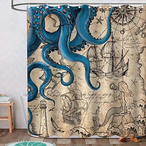 Fungarth Nautical Octopus Shower Curtain 183cm (72"W x 84"L) | Waterproof Polyester Fabric with Metal Grommets thumbnail 5