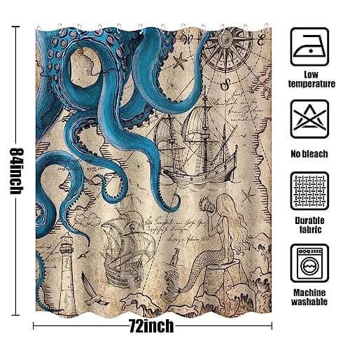 Fungarth Nautical Octopus Shower Curtain 183cm (72"W x 84"L) | Waterproof Polyester Fabric with Metal Grommets thumbnail 7