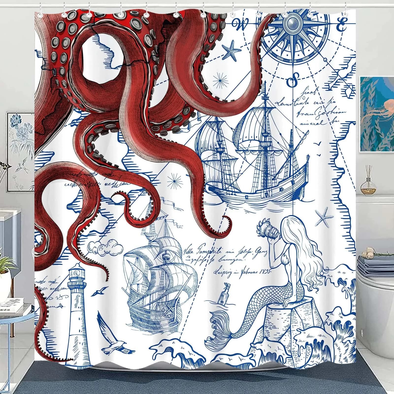 Fungarth Vintage Green Nautical Octopus Shower Curtain 72" x 72" | Waterproof Fabric with Metal Grommets — Red