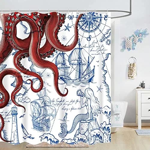 Fungarth Red Nautical Octopus Shower Curtain 72" x 72" | Waterproof Fabric Bath Curtain with Hooks thumbnail 4