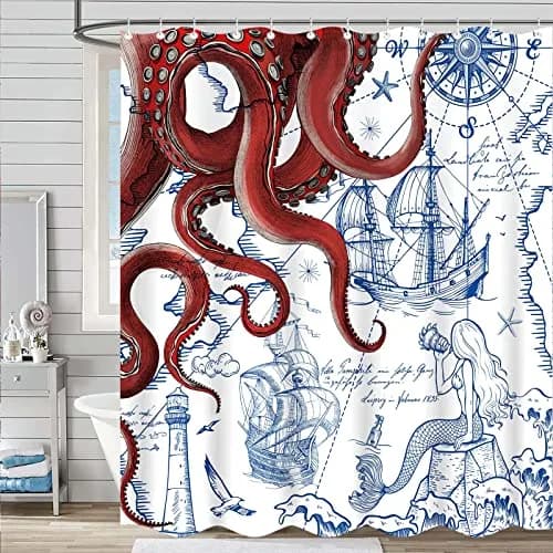 Fungarth Red Nautical Octopus Shower Curtain 72" x 72" | Waterproof Fabric Bath Curtain with Hooks thumbnail 5
