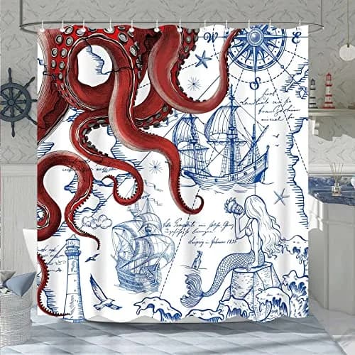 Fungarth Red Nautical Octopus Shower Curtain 72" x 72" | Waterproof Fabric Bath Curtain with Hooks thumbnail 2