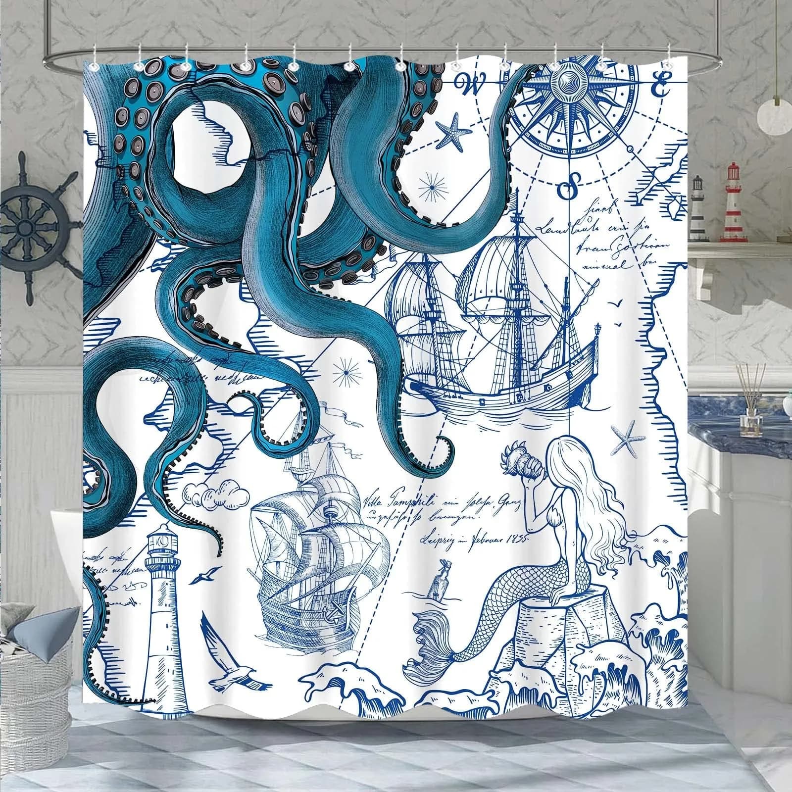 Fungarth Vintage Green Nautical Octopus Shower Curtain 72" x 72" | Waterproof Fabric with Metal Grommets — Blue / 72"W x 72"L