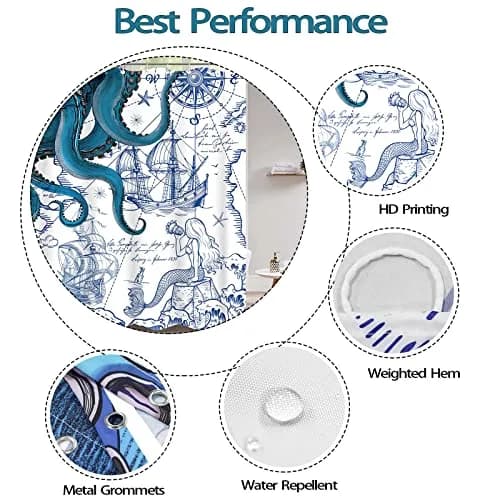 Fungarth Nautical Octopus Shower Curtain 183cm x 183cm (72" x 72") | Waterproof Fabric Bathroom Decor thumbnail 6