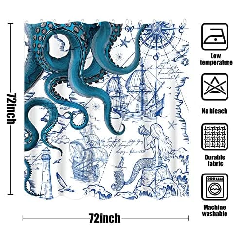 Fungarth Nautical Octopus Shower Curtain 183cm x 183cm (72" x 72") | Waterproof Fabric Bathroom Decor thumbnail 7