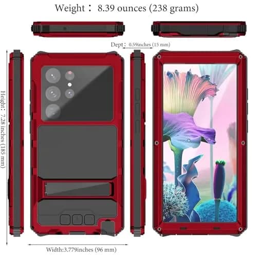 Lunivop Heavy Duty Metal Case for Samsung Galaxy S23 Ultra | Military Grade Protection with Kickstand & Screen Protector (Red) thumbnail 2