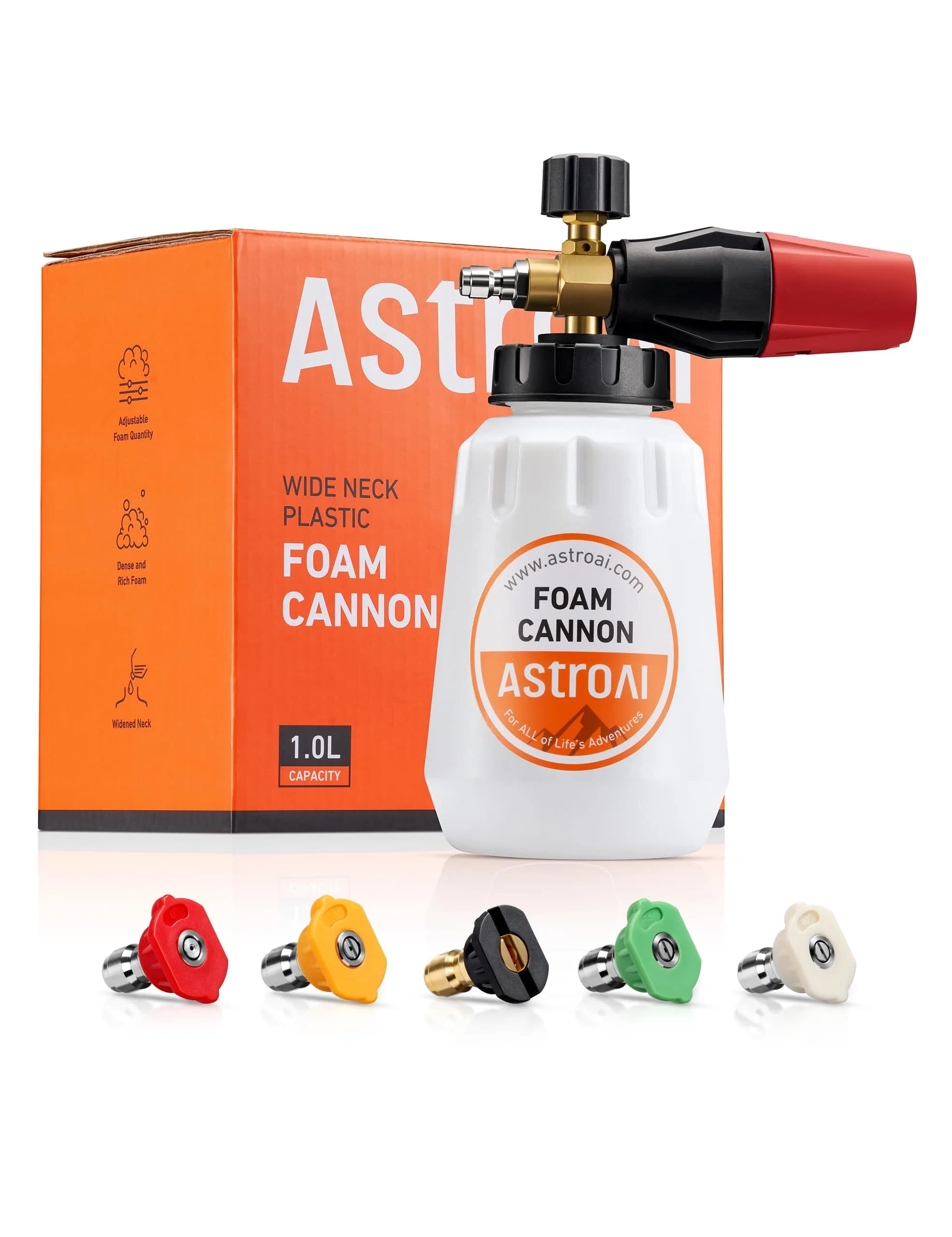 AstroAI Foam Cannon for Pressure Washer with 1/4" Quick Connect Plug, 1 L | Heavy Duty Brass Valve & Metal Parts for Car Wash Detailing — 1 L