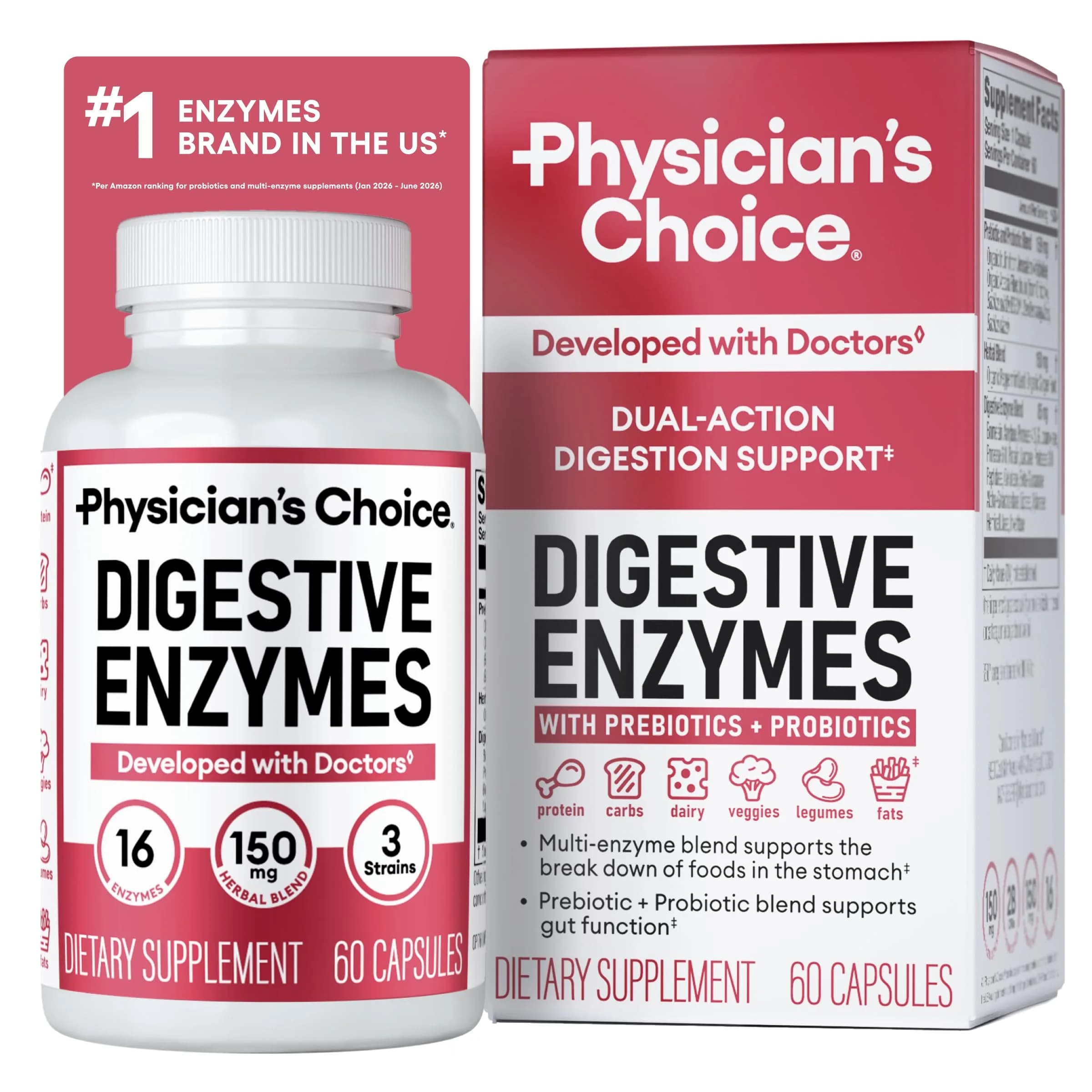 Physician's CHOICE Digestive Enzymes 60 Count | 16-Enzyme Formula with Organic Prebiotics & Probiotics for Gut Health