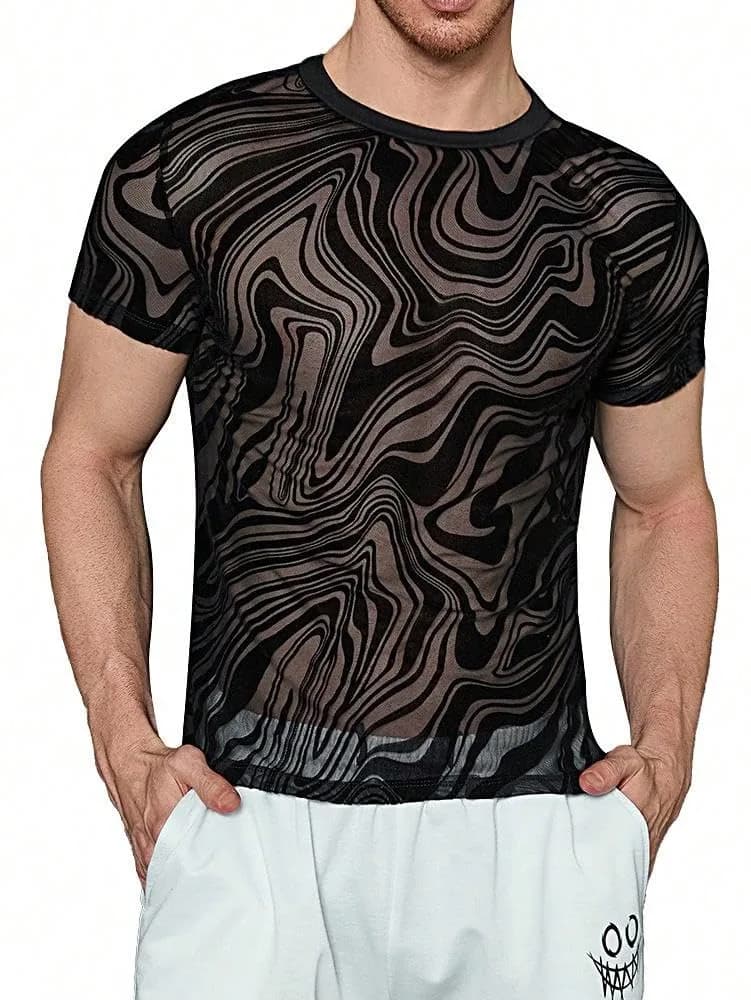 WDIRARA Men's Glitter Silver & Black Floral Print Mesh T-Shirt - Round Neck, Short Sleeve (XS) — Marble Print Black / Large
