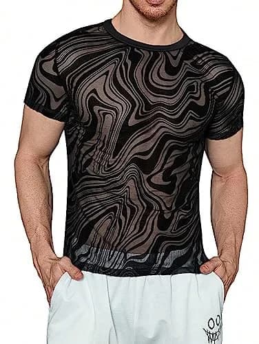 WDIRARA Men's Floral Print Mesh T-Shirt Black L | See-Through Party Top thumbnail 1