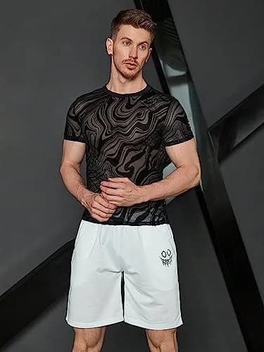 WDIRARA Men's Floral Print Mesh T-Shirt Black L | See-Through Party Top thumbnail 5