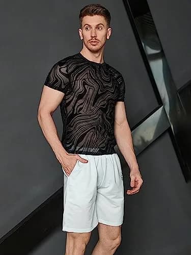 WDIRARA Men's Floral Print Mesh T-Shirt Black L | See-Through Party Top thumbnail 6