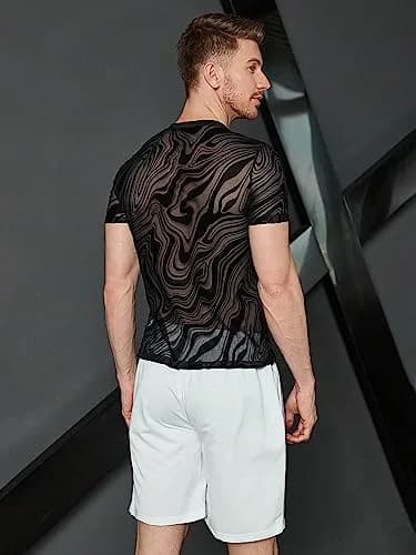 WDIRARA Men's Floral Print Mesh T-Shirt Black L | See-Through Party Top thumbnail 2