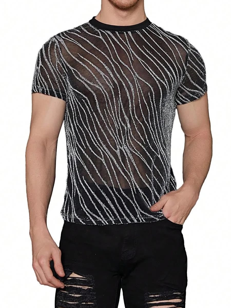 WDIRARA Men's Glitter Silver & Black Floral Print Mesh T-Shirt - Round Neck, Short Sleeve (XS) — Glitter Silver & Black