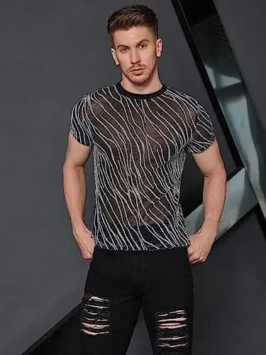 WDIRARA Men's Glitter Silver & Black Floral Print Mesh T-Shirt - Round Neck, Short Sleeve (XS) thumbnail 4