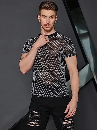 WDIRARA Men's Glitter Silver & Black Floral Print Mesh T-Shirt - Round Neck, Short Sleeve (XS) thumbnail 7
